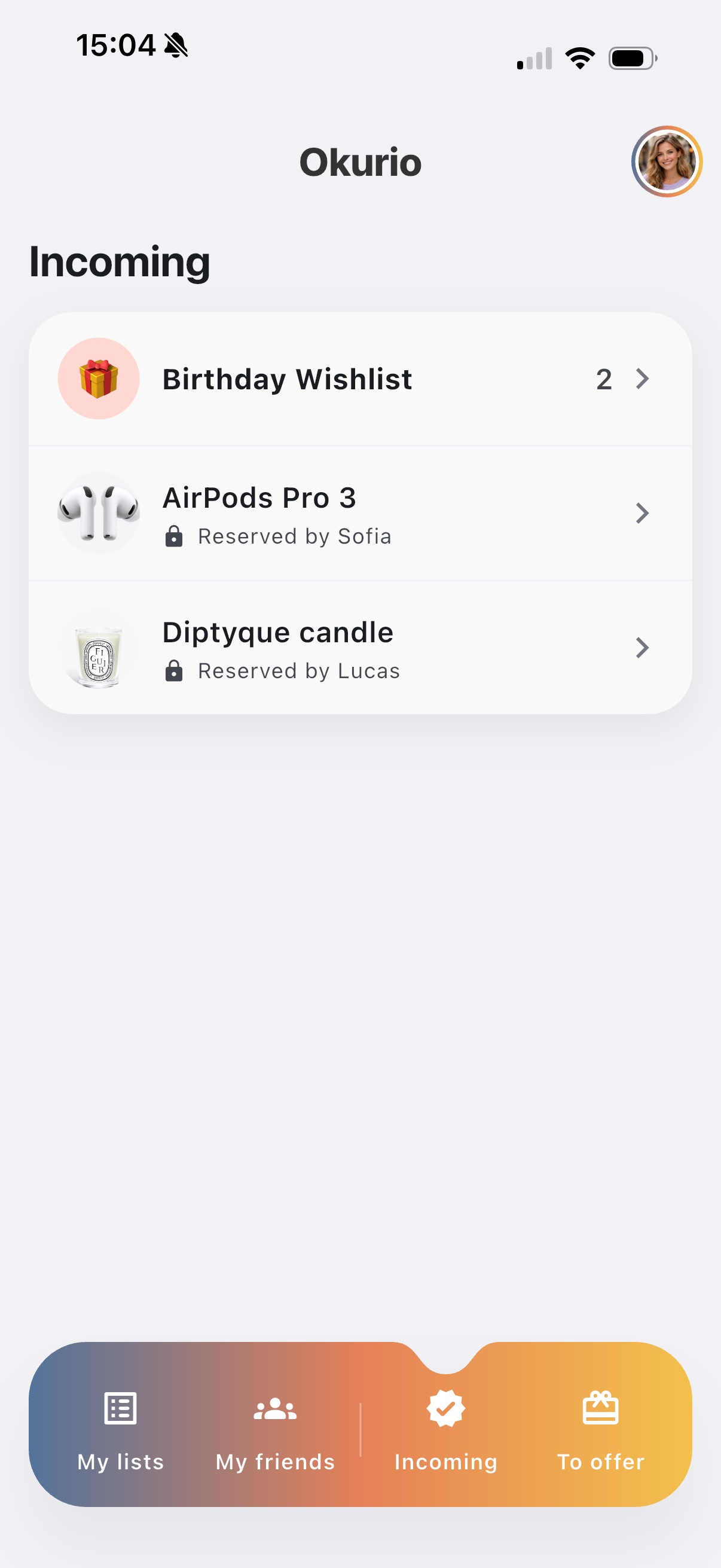 Okurio screenshot for incoming reserved gifts