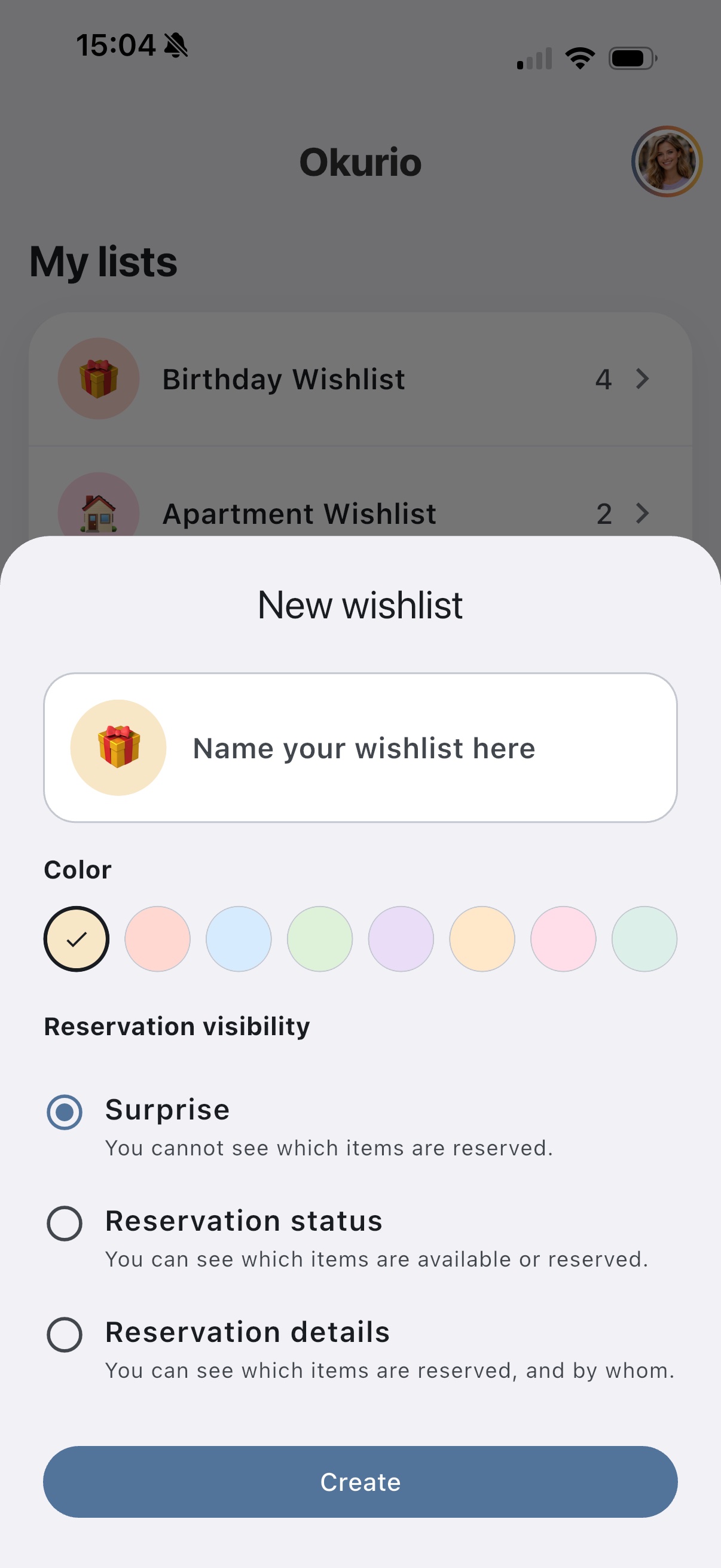 Okurio screenshot for wishlist creation
