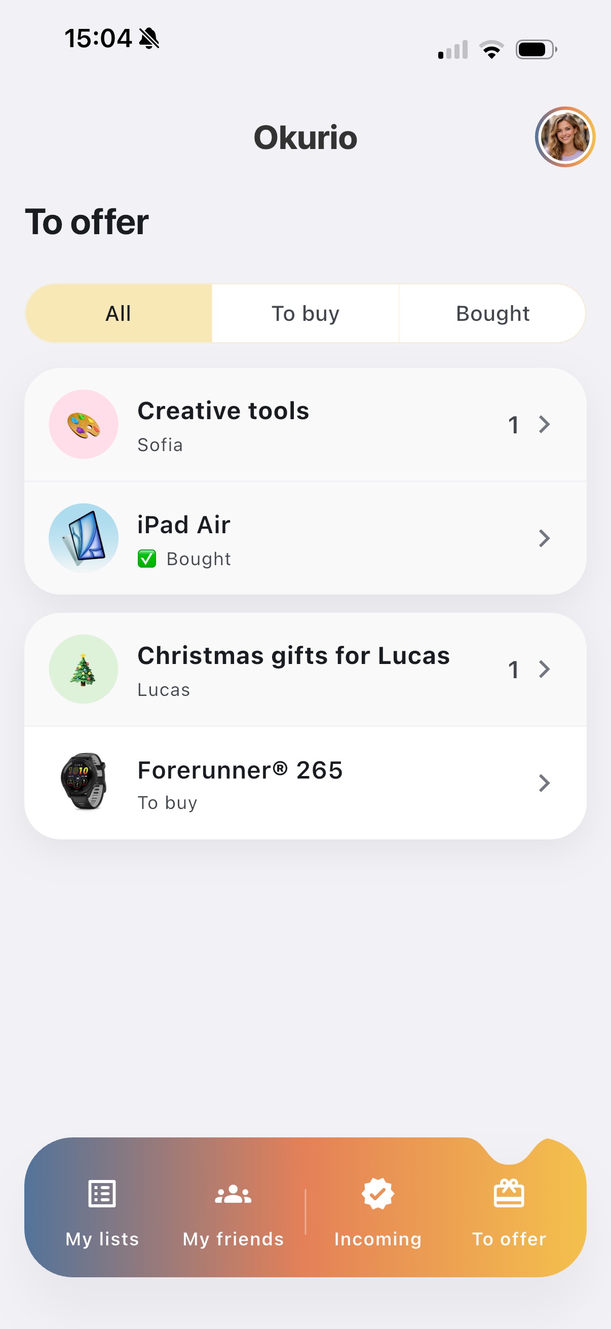 Okurio screenshot for reserved gifts tracking